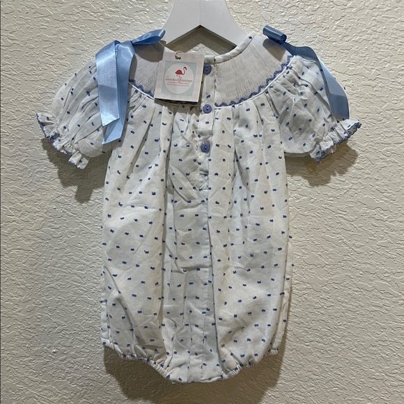 NWT The Smocked Flamingo Hand Smocked Blue Swiss Dot Big Sister Bubble size 12M - Picture 3 of 5